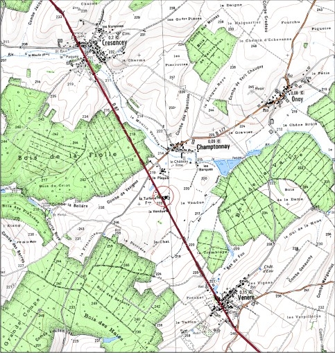 Carte de localisation. Carte topographique au 1:25000, I.G.N., Gray, 3222 E. SCAN 25 © IGN - 2008, Licence n°2008CISE29-68.