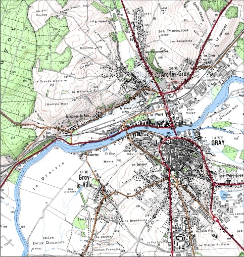 Carte de localisation. Carte topographique au 1:25000, I.G.N., Gray, 3222 E. SCAN 25 © IGN - 2008, Licence n°2008CISE29-68.