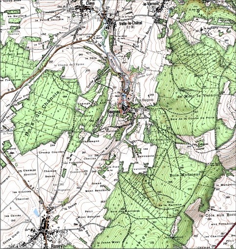 Carte de localisation. Carte topographique au 1:25000, I.G.N., Scey-sur-Saône, 3321 O. SCAN 25 © IGN - 2008, Licence n°2008CISE29-68.