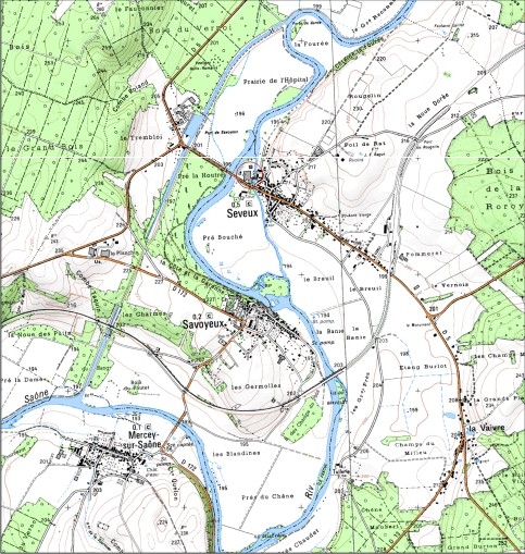 Carte de localisation. Carte topographique au 1:25000, I.G.N., Dampierre-sur-Salon, 3221 E. SCAN 25 © IGN - 2008, Licence n°2008CISE29-68.