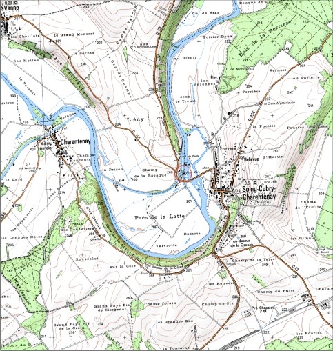 Carte de localisation. Carte topographique au 1:25000, I.G.N., Fresne-Saint-Mamès, 3321 O. SCAN 25 © IGN - 2008, Licence n°2008CISE29-68.