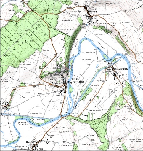 Carte de localisation. Carte topographique au 1:25000, I.G.N., Dampierre-sur-Salon, 3221 E. SCAN 25 © IGN - 2008, Licence n°2008CISE29-68.