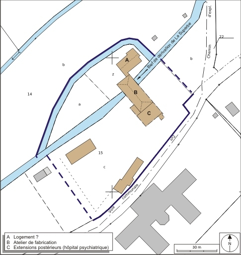 Plan-masse et de situation. Extrait du plan cadastral numérisé, 2008, section ZA, 1:2000 agrandi à 1:1000. Source : Direction générale des Finances Publiques - Cadastre ; mise à jour : 2008.
