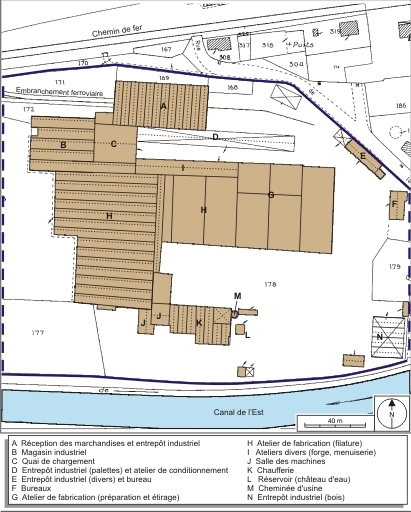 Plan-masse de l'usine. Extrait du plan cadastral numérisé, 2008, section B, 1:1250 réduit à 1:1500. Source : Direction générale des Finances Publiques - Cadastre ; mise à jour : 2008.