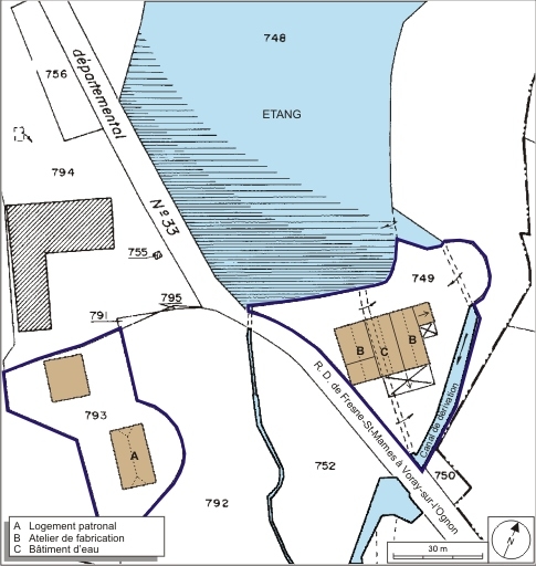 Plan-masse et de situation. Extrait du plan cadastral numérisé, 2008, section B, 1:1250 agrandi à 1:1000. Source : Direction générale des Finances Publiques - Cadastre ; mise à jour : 2008.