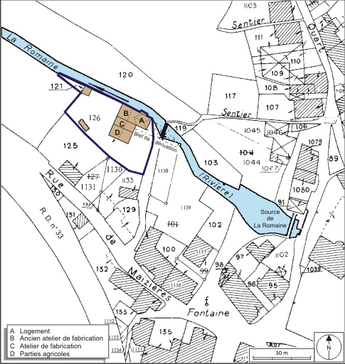 Plan-masse et de situation. Extrait du plan cadastral numérisé, 2008, section C, 1:1250 agrandi à 1:1000. Source : Direction générale des Finances Publiques - Cadastre ; mise à jour : 2008.