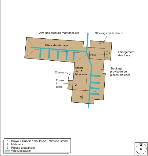 Plan-masse des bâtiments de production.Mis au net A. Céréza, d'après l'extrait du plan cadastral numérisé, 2008, section ZB.