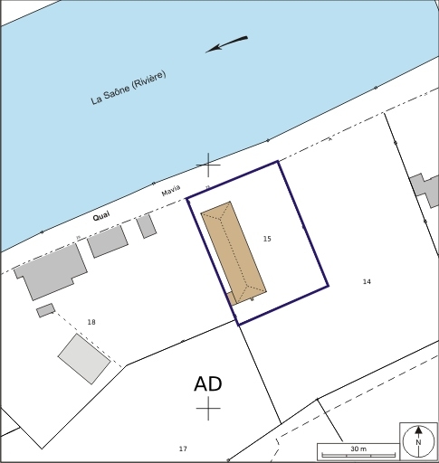 Plan-masse et de situation. Extrait du plan cadastral numérisé, 2008, section AD, 1:1000. Source : Direction générale des Finances Publiques - Cadastre ; mise à jour : 2008.