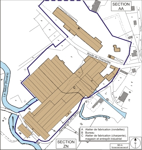 Plan-masse et de situation.Montage d'extraits de plans cadastraux numérisés, 2008, sections AA et ZN, 1:1000 et 1:2000, le tout réduit à 1:2500. Source : Direction générale des Finances Publiques - Cadastre ; mise à jour : 2008.