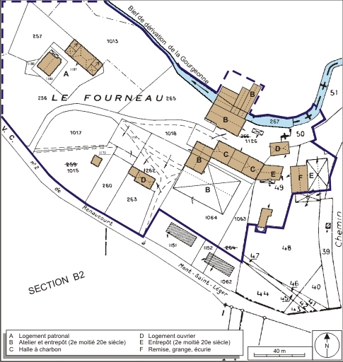 Plan-masse et de situation.Montage d'extraits de plans cadastraux numérisés, 2008, section B, 1:1250 et Mont-Saint-Léger, 2008, section ZA, 1:2000, le tout ramené à 1:1500. Source : Direction générale des Finances Publiques - Cadastre ; mise à jour : 2008.