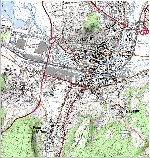 Carte de localisation. Carte topographique au 1:25000, I.G.N., Vesoul, 3421 O. SCAN 25 © IGN - 2008, Licence n°2008CISE29-68.