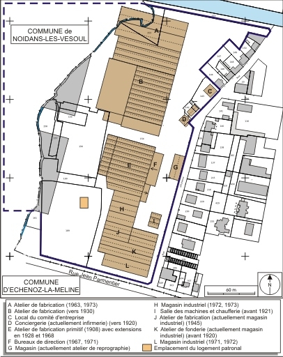 Plan-masse et de situation de l'usine Dollé. Extrait du plan cadastral numérisé, 2008, section H, 1:1250 réduit à 1:2000. Source : Direction générale des Finances Publiques - Cadastre ; mise à jour : 2008.