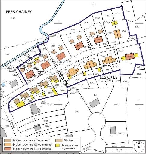 Plan-masse et de situation de la cité ouvrière. Extrait du plan cadastral numérisé, 2008, section B, 1:1250. Source : Direction générale des Finances Publiques - Cadastre ; mise à jour : 2008.