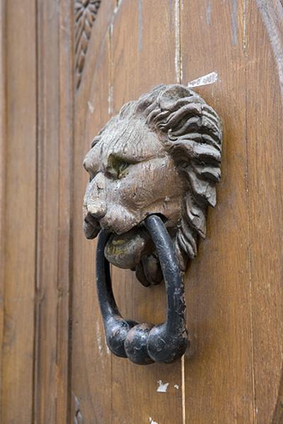 Vantail droit du portail d'entrée : détail du mufle de lion situé sur le panneau central, de trois quarts.