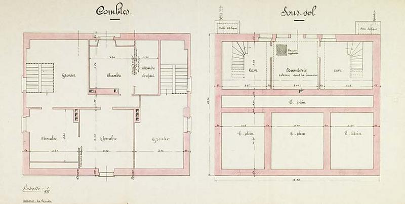 Plan des combles et du sous-sol du bureau des douanes.