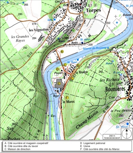 Carte de localisation : usine et bâtiments sociaux. SCAN 25 © IGN - 2008, Licence n°2008CISE29-68.