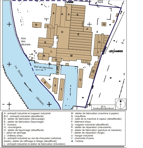 Plan-masse de l'usine. Extrait du plan cadastral numérisé, section AB, échelle 1/1750. Source : Direction générale des Finances Publiques - Cadastre ; mise à jour : 2009.