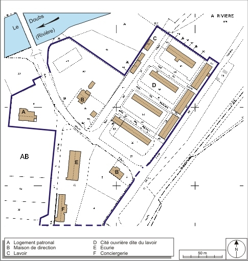 Plan-masse des bâtiments sociaux. Extrait du plan cadastral numérisé, section AB, échelle 1/1750. Source : Direction générale des Finances Publiques - Cadastre ; mise à jour : 2009.