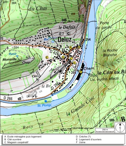 Carte de localisation : usine et bâtiments sociaux. SCAN 25 © IGN - 2008, Licence n°2008CISE29-68.