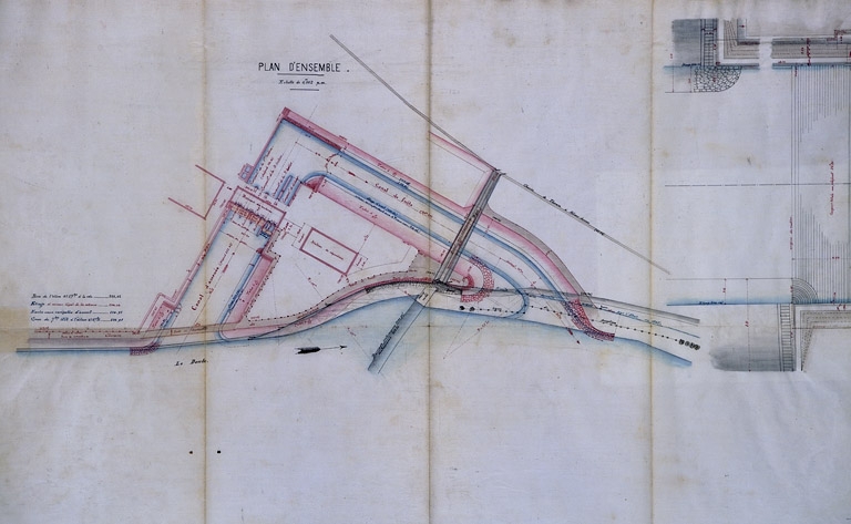 Usine de Torpes. Dessin d'ensemble et détails des ouvrages hydrauliques, [plan de masse]. Plan, papier, plume,1/500, par Laureaux, 1881.