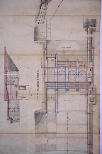 Usine de Torpes. Dessin d'ensemble et détails des ouvrages hydrauliques. [Plan général du bâtiment d'eau]. Plan, papier, plume, 1/500, par Laureaux, 1881.