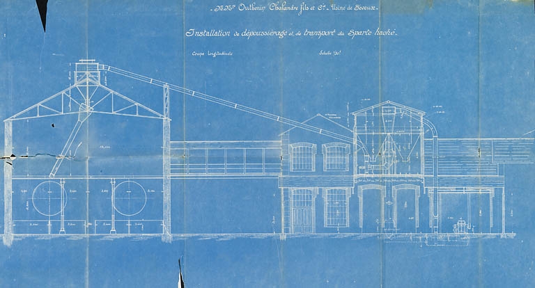 MM. Outhenin-Chalandre Fils et Cie. Usine de Seveux. Installation de dépoussiérage et de transport du sparte haché, coupe longitudinale.