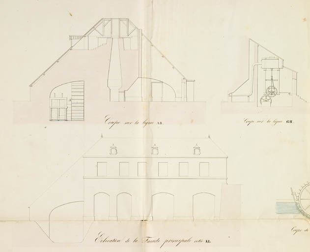 Plan, coupes et élévation du fourneau et des patouillets de Renaucourt [...] [coupe et élévation de la façade principale].