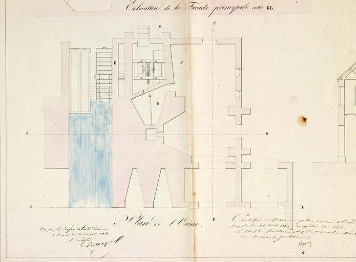 Plan, coupes et élévation du fourneau et des patouillets de Renaucourt [...] [plan du haut fourneau].