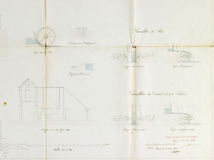 Plan, coupes et élévation du fourneau et des patouillets de Renaucourt [...] [coupe du haut fourneau et des patouillets]