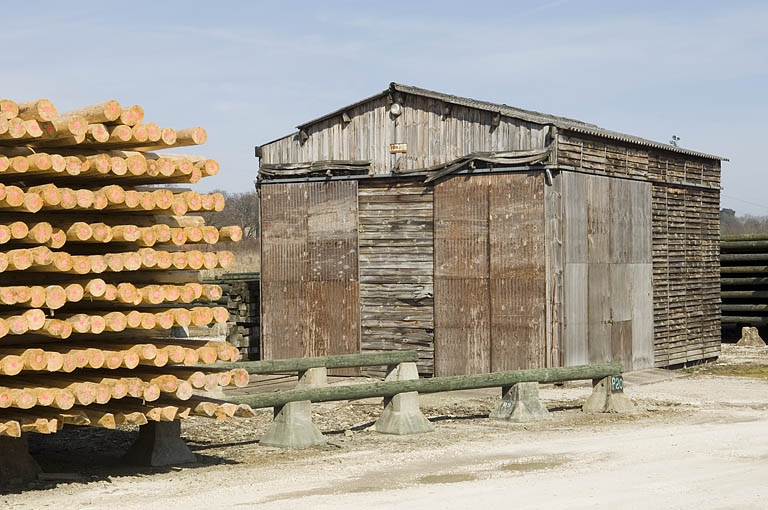 Chantier de bois et bâtiment industriel.