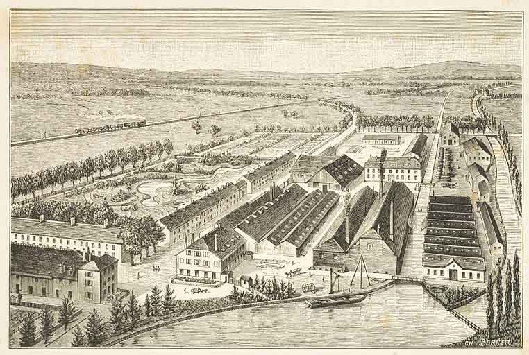 Magny-Vernois, usine métallurgique dite forges de Magny-Vernois, actuellement usine de pièces détachées en matière plastique Faurecia : vue panoramique des forges, fonderies, laminoirs, tréfileries, etc. de J.-A. Pergaud, au Magny-Vernois (Haute-Saône).