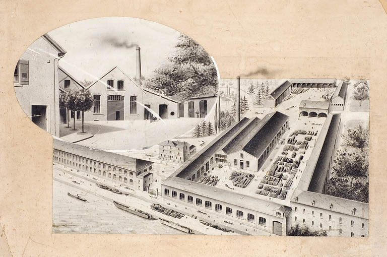 Vue cavalière de l'usine Millot à Gray. S.d. [fin 19e ou début 20e siècle]. 
