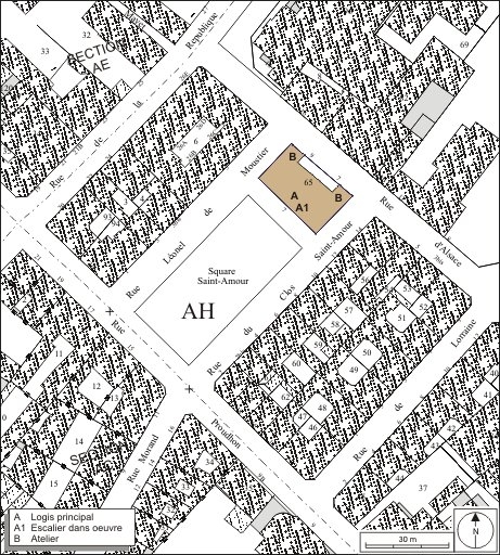 Plan masse et de situation. Extrait du plan cadastral, 1974, section AH.