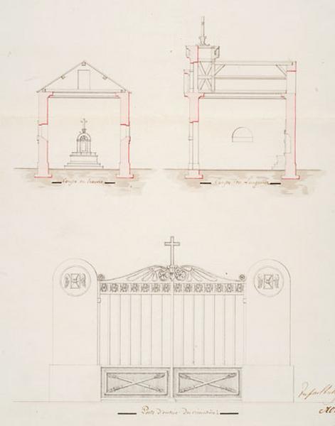 [Détail du plan général] Coupe en travers.Coupe en longueur.Porte d'entrée du cimetière.