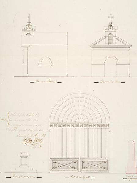 [Détail du plan général] Elévation latérale. Elévation de face. Piedestal de la croix. Porte de la chapelle.