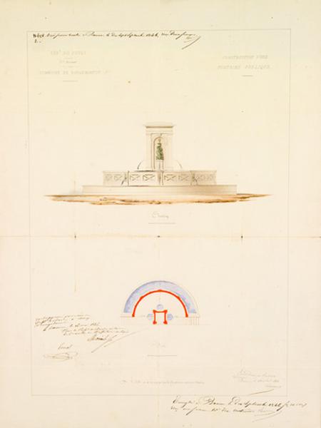 Construction d'une fontaine publique. Elévation. Plan.