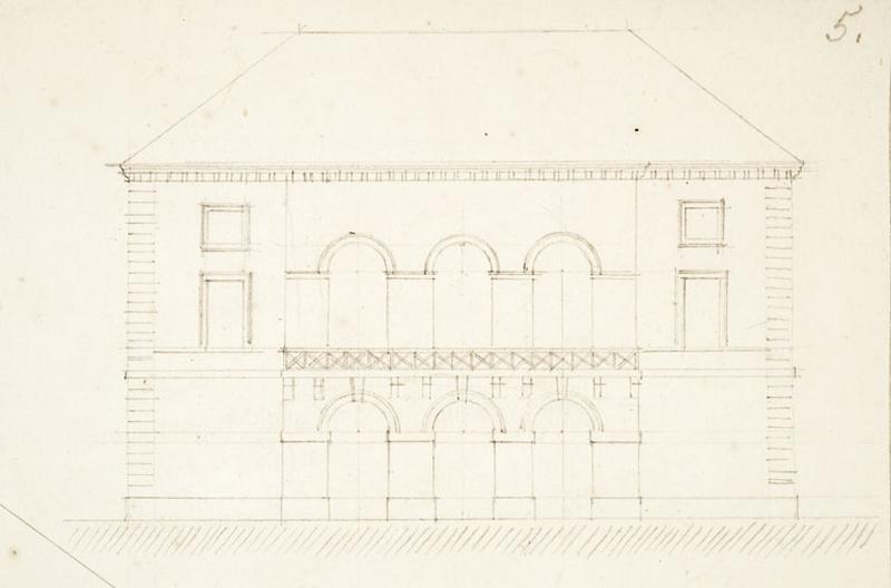 Croquis du projet de la façade latérale, côté lavoir.