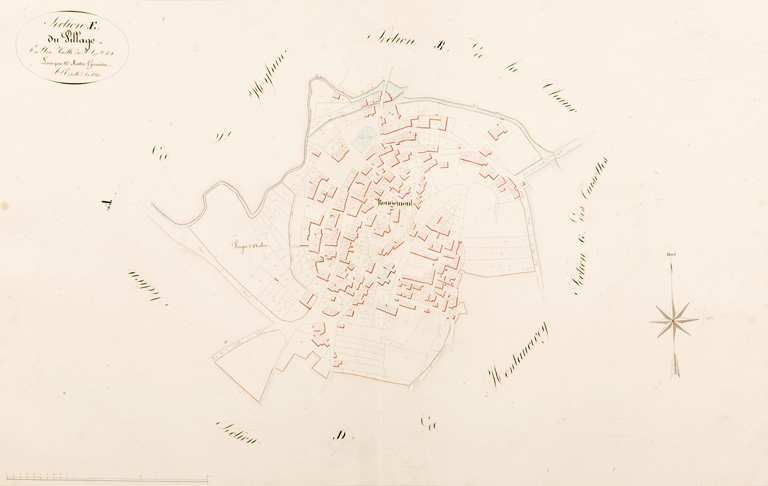 [Plan cadastral napoléonien de la commune de Rougemont. Section E du Village]. 1831.