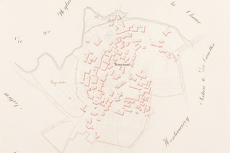 [Plan cadastral napoléonien de la commune de Rougemont. Section E du Village. Détail de l'agglomération]. 1831.