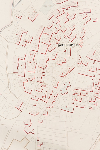 [Plan cadastral napoléonien de la commune de Rougemont. Section E du Village. Détail : partie ouest]. 1831.