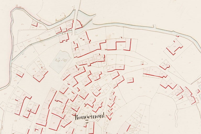 [Plan cadastral napoléonien de la commune de Rougemont. Section E du Village. Détail : partie nord]. 1831.
