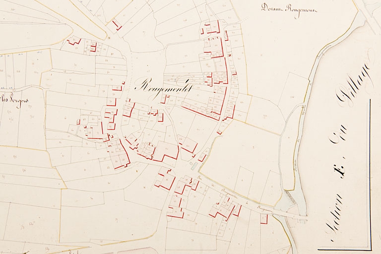 [Plan cadastral napoléonien de la commune de Rougemont. Section B de la Chaux, 1ère feuille. Détail : Rougemontot]. 1831.