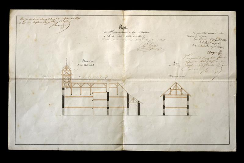 Projet de réparations à la maison d'école de la ville de Morez. Elévation de la maison d'école actuel [et] Coupe en travers, 1843.