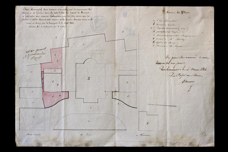 Plan descriptif d'un terrain à concéder par la commune de Morez à Mr Grenier, curé de cette ville, sur lequel ce dernier a fait bâtir une maison d'éducation pour les filles [...], 1843.