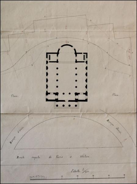 Plan géométrique de l'église de Morez et de ses abords levé [...] pour servir à l'achèvement des excavations derrière le coeur, 1825.