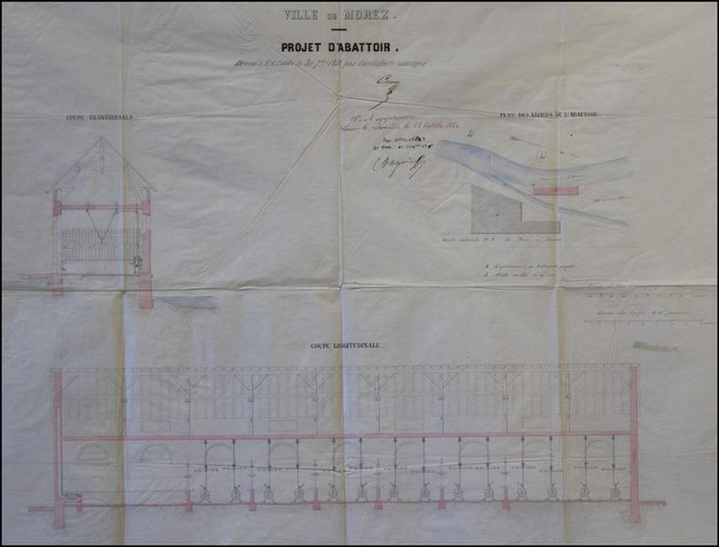 Ville de Morez. Projet d'abattoir. Coupe transversale, Coupe longitudinale [et] Plan des abords de l'abattoir, 1852.