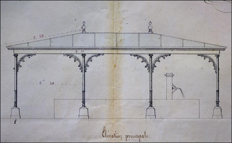 Projet d'une toiture pour un lavoir public (Quai de l'ancienne place). [Détail :] Elévation principale, 1850.