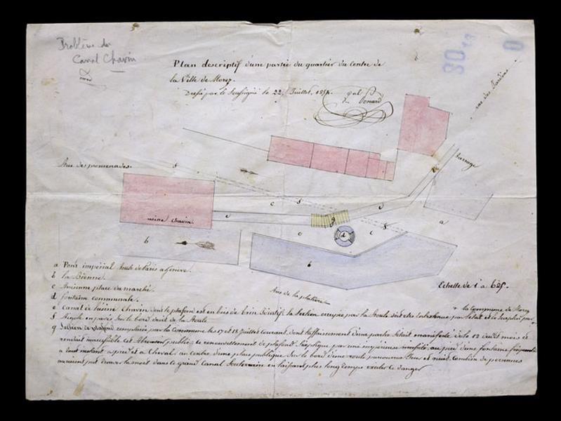 Plan descriptif d'une partie du quartier du centre de la ville de Morez, 1854.