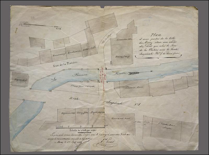 Plan d'une partie de la ville de Morez située aux abords du pont qui relie la rue de la Platière avec la route impériale n° 5 de Paris à Genève, 1860.