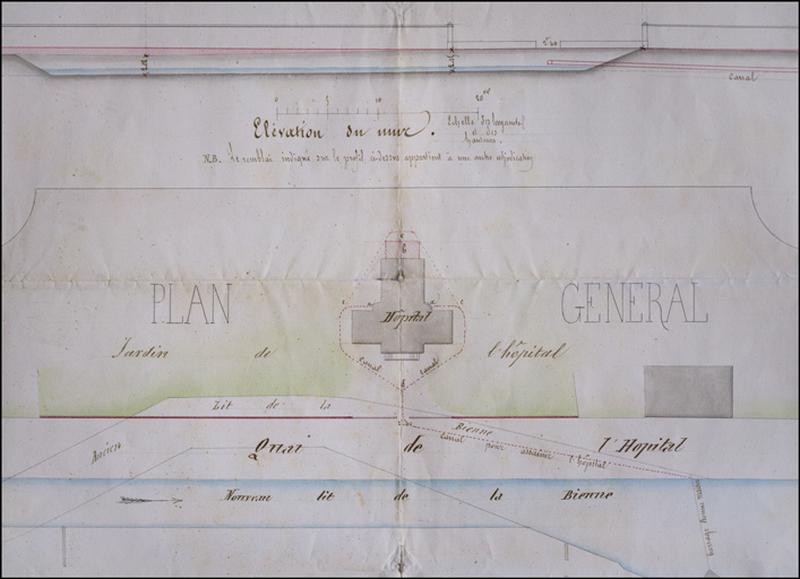 Projet d'un mur de clôture pour l'hôpital [plans, coupes et élévations], 1862.